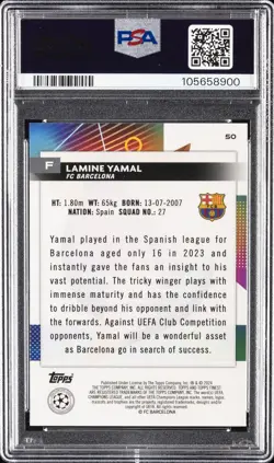 2023-24 TOPPS FINEST UEFA CLUB COMPETITIONS #50 LAMINE YAMAL PSA 10 - Image 2