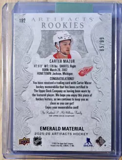 2025-26 Upper Deck Artifacts Emerald Materials Carter Mazur Rookie Patch /99 - Image 2