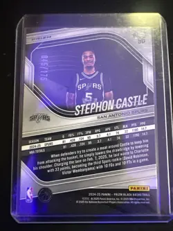 STEPHON CASTLE 2024-25 PANINI PRIZM BLACK ROOKIE WHITE PRIZM RC /175 SPURS - Image 2
