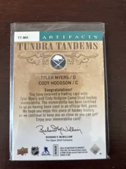 14-15 Artifacts Dual Patch Tyler Myers Cody Hodgson 16/36 Buffalo Sabres - Image 2