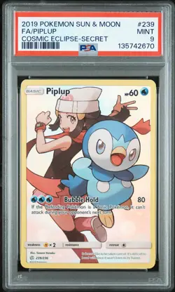 2019 POKEMON SUN & MOON COSMIC ECLIPSE SECRET #239 FULL ART/PIPLUP PSA 9 - Image 1