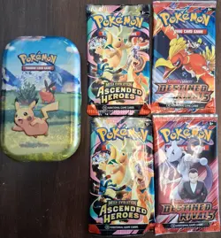 Pokemon Tin 4 Booster Packs Mega Evolution Ascended Heroes Destined Rivals Pika… - Image 1