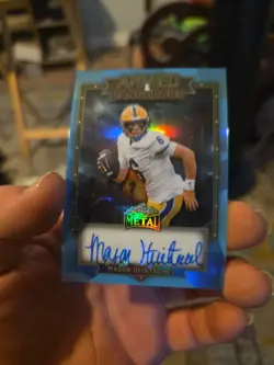 2026 Leaf Metal Football Mason Heintschel #/8 Armed & Dangerous Prospect RC Auto - Image 1