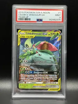 PSA 9 MINT Celebi & Venusaur GX 1 Team Up Pokemon Card - Image 1