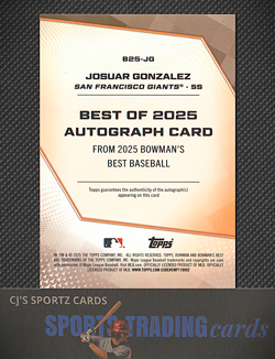 2025 Bowman's Best Josuar Gonzalez Auto True Orange /25 Giants #B25-JG - Image 2