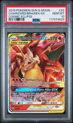 2019 POKEMON SUN & MOON COSMIC ECLIPSE #22 CHARIZARD & BRAIXEN GX PSA 10 - Image 1