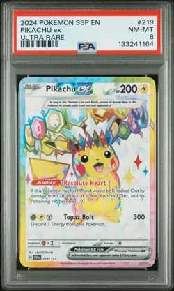 2024 POKEMON SSP EN-SURGING SPARKS | ULTRA RARE #219 PIKACHU EX PSA 8 - Image 1