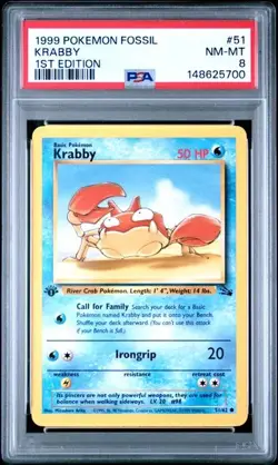 1999 POKEMON FOSSIL 51 KRABBY 1ST EDITION NEAR MINT PSA 8 - Image 1