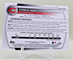 2025 Bowman Chrome Prospects Autographs Steele Hall Chrome #CPA-SHA Reds - Image 3