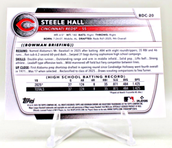 2025 Bowman Draft Chrome #BDC-20 Steele Hall Yellow Mojo Refractor /75 Reds - Image 3