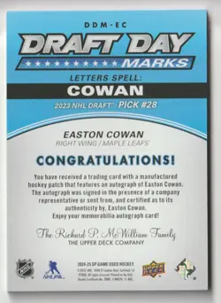 2024-25 SP GAME USED NHL DRAFT DAY MARKS LETTER O EASTON COWAN 29/35 MAPLE LEAFS - Image 2