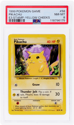 1999 Pokemon Base Pikachu E3 Stamp Yellow Cheeks #58 PSA 8 - Image 1