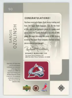 2000-01 SP Game Used Tools of the jersey Sandis Ozolinsh Colorado Avalanche #SO - Image 2