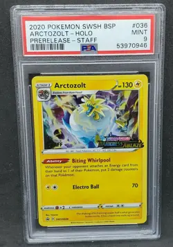 Pokemon PSA 9 MINT Arctozolt SWSH036 Darkness Ablaze STAFF Prerelease Promo 0946 - Image 1