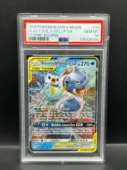 Pokemon PSA 10 GEM Blastoise & Piplup GX 38/236 Cosmic Eclipse Holo 2019 S#6791 - Image 1