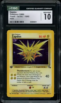 Pokemon TCG Zapdos 15/62 1999 Fossil - 1st Edition Rare Holo CGC 10 GEM MINT - Image 1