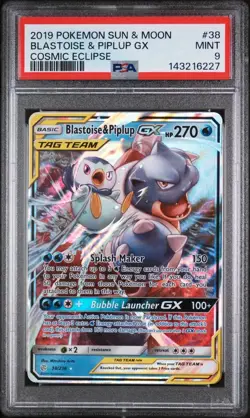 PSA 9 Mint 2019 POKEMON SUN & MOON COSMIC ECLIPSE #38 Blastoise & Piplup GX - Image 1