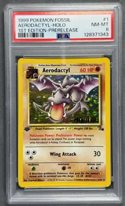 1999 Pokemon Fossil #1 AERODACTYL HOLO 1ST EDITION PRERELEASE RARE Card PSA 8 - Image 1