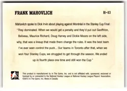 Frank Mahovlich 2012-13 ITG Forever Rivals Rivalry #RI-03 Toronto Maple Leafs - Image 2