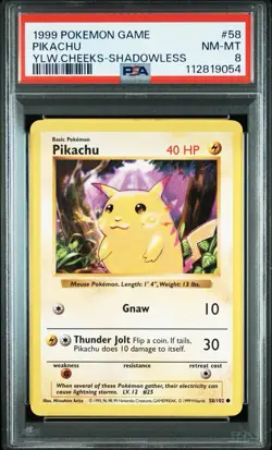 No Reserve PSA 8 Pokemon Base Set Shadowless Yellow Cheek Pikachu Rare! - Image 1