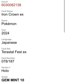 2024 Pokemon CGC 10 Gem Mint Iron Crown Ex Japanese Terastal Fest Ex 078/187 - Image 3