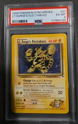 POKEMON CARD LT. SURGE'S ELECTABUZZ 27 GYM HEROES #27 VINTAGE GRADED PSA 6 - Image 1