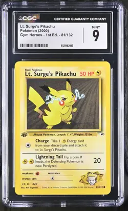 CGC 9 MINT Lt. Surge's Pikachu Gym Heroes 1st Edition 81/132 Pokemon Card - Image 1