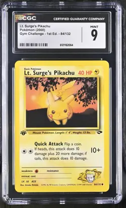 CGC 9 MINT Lt. Surge's Pikachu Gym Challenge 1st Edition 84/132 Pokemon Card - Image 1