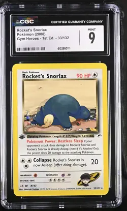 CGC 9 MINT Rocket's Snorlax 2000 Gym Heroes 1st Edition 33/132 Pokemon Card - Image 1