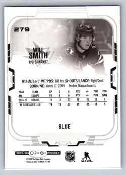 2025-26 O Pee Chee Blue Border Second Year Will Smith San Jose Sharks #279 - Image 2