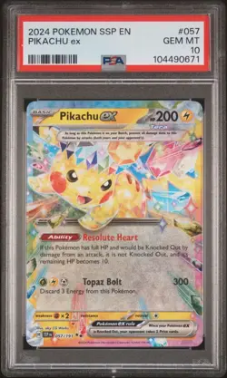 PokeMon TCG Pikachu EX #057 PSA 10 2024 Pokemon SSP EN-Surging Sparks - Image 1