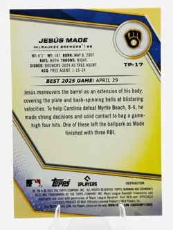 JESUS MADE - SP REFRACTOR TOP PROSPECT #TP-17 - 2025 Bowman's Best BREWERS - Image 2
