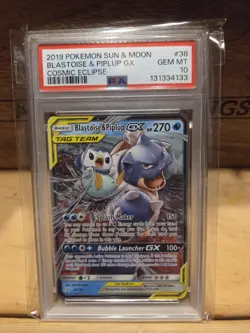 2019 Pokemon Sun & Moon Cosmic Eclipse Blastoise & Piplup GX 38/236 PSA 10 - Image 1