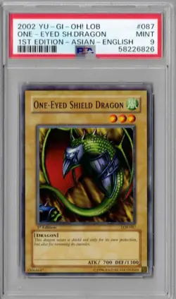 2002 Yu-Gi-Oh LOB 1st Ed. Asian/Eng. #087, One-Eyed Shield Dragon. PSA 9, Mint - Image 1