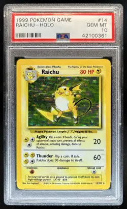 1999 Pokemon Unlimited Raichu Rated Rookie Error Card Rare Holo #14/102 PSA 10 - Image 1