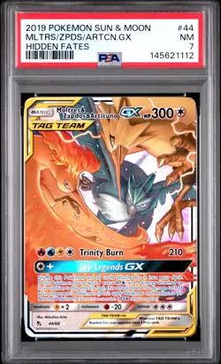 2019 POKEMON SUN & MOON HIDDEN FATES #44 MOLTRES & ZAPDOS & ARTICUNO GX PSA 7 - Image 1