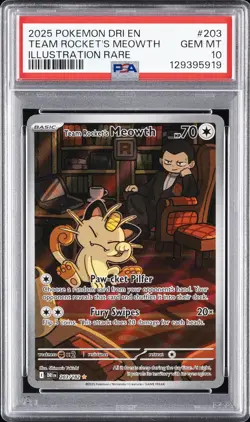 2025 POKEMON DESTINED RIVALS ILLUSTRATION RARE #203 TEAM ROCKET'S MEOWTH PSA 10 - Image 1