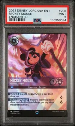 2023 DISNEY LORCANA EN 1-ENCHANTED #208 MICKEY MOUSE WAYWARD SORCERER PSA 9 - Image 1