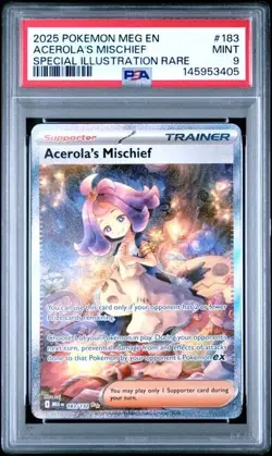 PSA 9 MINT 2025 POKEMON MEG EN-MEGA EVOLUTION 183 ACEROLA'S MISCHIEF SIR - Image 1
