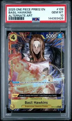 2025 ONE PIECE PRB02-PREMIUM BOOSTER ALT ART #109 BASIL HAWKINS PSA 10 - Image 1