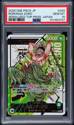 2026 ONE PIECE JPN SERIALIZED TOP PRIZE PROMO #020 RORONOA ZORO 620/2700 PSA 10 - Image 1