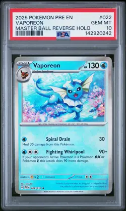 2025 POKEMON PRISMATIC EVOLUTIONS MASTER BALL REVERSE HOLO #022 VAPOREON PSA 10 - Image 1