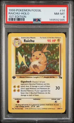 1999 Pokemon Raichu Fossil 1st Edition Holo Rare #14 PSA 8 - Image 1