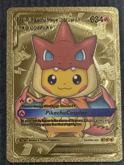 Pokemon TCG Basic Pikachu Mega Charizard Y Tag Cosplay HP 634 Gold Foil Fan Art - Image 1