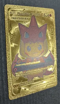 Pokemon TCG Basic Pikachu Mega Charizard Y Tag Cosplay HP 634 Gold Foil Fan Art - Image 3