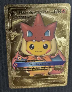 Pokemon TCG Basic Pikachu Mega Charizard Y Tag Cosplay HP 634 Gold Foil Fan Art - Image 5