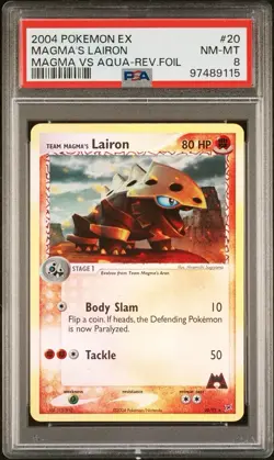 2004 Pokemon EX Team Magma vs. Team Aqua 20 Team Magma’s Lairon Reverse PSA 8 - Image 1