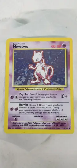 Pokemon Mewtwo 10/102 Base Set Holo Rare 1999 Basic HP 60 Ken Sugimori - Image 1