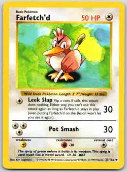 POKEMON BASE SET SHADOWLESS FARFETCH'D 27/102 UNCOMMON UNLIMITED MP - Image 1