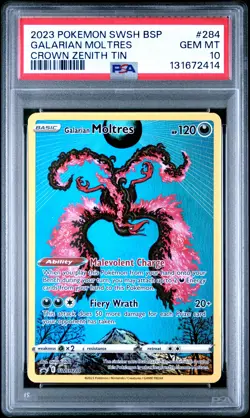 2023 POKEMON SWSH BLACK STAR PROMO CROWN ZENITH TIN #284 GALARIAN MOLTRES PSA 10 - Image 1